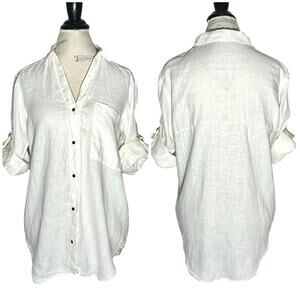 Zara | Women | 100% Linen White Roll Tab V-Neck Button Up Top | Size XS